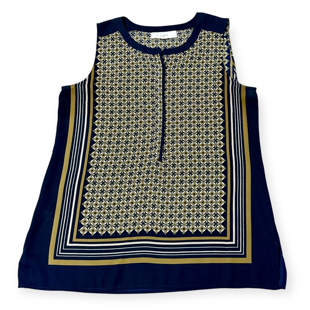 Loft Sleeveless Sz-Medium‎ Geometric Print Button Neck Blouse Women's Navy Gold